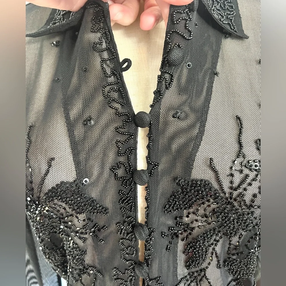 VTG Caché,Sheer Beaded Mesh Blouse 90s Y2K Evening Goth Glam Stretch Top Size L - Picture 9 of 12